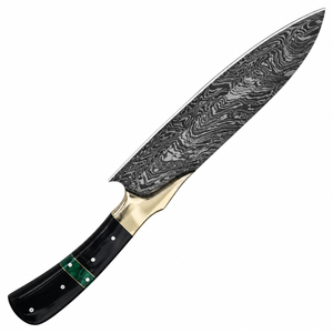 Cuchillo de Caza con Mango Negro y Verde, Patrón Damasco, Guarda Dorada y Hoja Puntiaguda Gris Plateado, Herramienta de Corte para Exteriores - Product Image 3