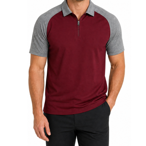 Polo pour homme en gros, à blocs de couleur, manches courtes, fermeture éclair, décontracté, bordeaux, gris clair, séchage rapide, coupe classique - Product Image 1
