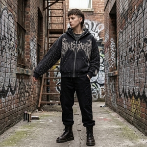 Sweat à capuche noir gothique pour homme avec fermeture éclair, motif ailes d'ange, manches ornées de strass, coupe oversize, streetwear, sweat à capuche personnalisé, vente en gros - Product Image 5