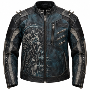 Custom Mens Genuine Leather Jacket Blue Grey Distressed Wolf Graphic Printed Spiked <b>Studded</b> Biker Moto Outerwear Coat Factory - Product Image 1