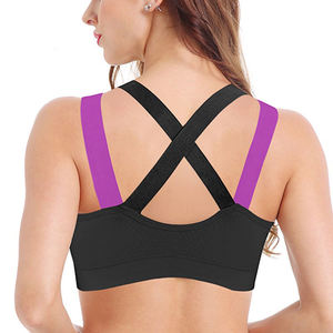 เสื้อชั้นในกีฬาสีดำสำหรับผู้หญิง แต่งสีม่วง ดีไซน์แบบ Racerback ไร้ตะเข็บ รองรับระดับปานกลาง เหมาะสำหรับออกกำลังกาย โยคะ และเล่นกีฬา - Product Image 2