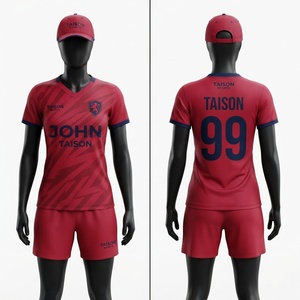 ชุดฟุตบอลชาย พรีเมียม โพลีเอสเตอร์ 140 GSM สีแดง เสื้อและกางเกงขาสั้น พร้อมสกรีนโลโก้ พิมพ์ลายดิจิตอล กันหด พร้อมปักชื่อและหมายเลข - Product Image 1