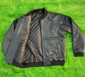 Blouson Bomber Varsity en Cuir Véritable de Haute Qualité, Coupe-Vent Tendance Streetwear Personnalisé, Col Montant Hiver, Logo Frontal - Product Image 5