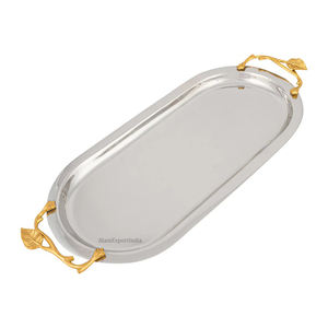 Plateau de service ovale en acier inoxydable de qualité supérieure, avec poignée en aluminium feuille d'or, idéal pour la restauration, prix abordables - Product Image 2