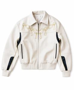 Chaqueta de Invierno para Hombre, de Cuero PU, Resistente al Viento, con Bordado de Cadena Dorada, Cuello Camisero, Cierre de Cremallera, Manga Regular, Color Sólido - Product Image 1