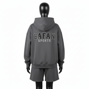 Conjunto de Sudadera con Capucha y Pantalones Cortos para Mujer, 320 GSM, Algodón Grueso, Forro Polar, Gris Carbón, Logotipo con Pedrería Brillante, Transferencia Térmica - Product Image 2