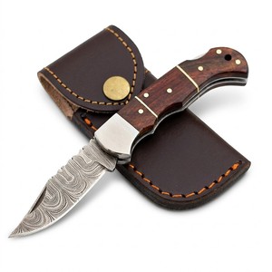 Cuchillo de bolsillo plegable hecho a mano de Damasco para caza y camping al aire libre, mango de palisandro, funda de cuero, venta al por mayor, directo de fabricante - Product Image 1