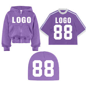 Ensemble sweat à capuche, t-shirt et bonnet violet avec logo 88, style streetwear unisexe, pour l'automne, manches longues, fermeture éclair frontale, imprimé, coupe ample - Product Image 1