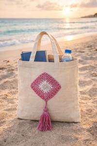 Bolso de Mano Vintage, Bolso Tote Abierto, Diseño Promocional en Oferta, Bolso Tote 100% Hecho a Mano con Cuentas, Lona con Perlas y Conchas - Product Image 5