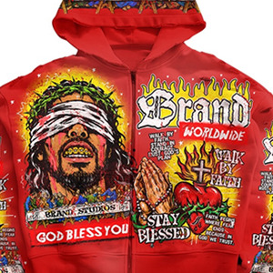 Men <b>Summer</b> Crop Zip-Up <b>Hoodie</b> Red All Digital Hip Hop Streetwear Religious Graphic Lightweight Breathable OEM Service Sweatshirt - Product Image 5