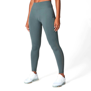 Leggings de yoga taille haute moulants pleine longueur pour femme en Spandex/Polyester tricoté respirant, couleur unie, avec logo personnalisé (jambe gauche) - Product Image 1