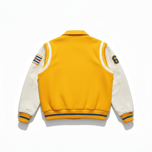 แจ็คเก็ตวาร์ซิตี้สีเหลืองคุณภาพพรีเมียมสำหรับผู้ชาย ตัวเสื้อทำจากผ้าขนสัตว์ แขนเสื้อทำจากหนัง  แบบ Letterman  แจ็คเก็ตเบสบอล มีหลายสีให้เลือก - Product Image 2
