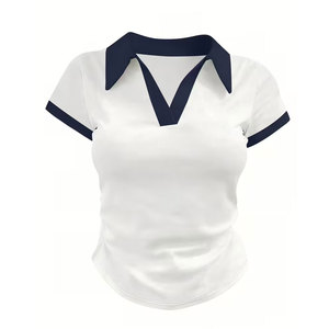 Pull court tricoté compressé violet pour femme, style décontracté, à col blanc et manches longues, couleur unie - Product Image 3