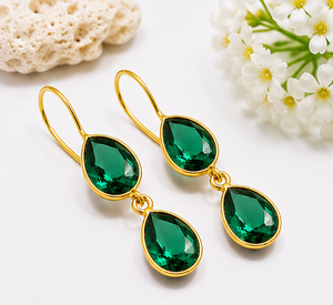 <b>Emerald</b> Quartz Teardrop Dangle Earrings 925 Sterling Silver Gold Plated | Faceted Pear Shape Green Quartz Earrings | Handmade Gi - Product Image 2
