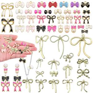 51 pièces de breloques nœud papillon miniatures mignonnes en émail, pendentifs à breloques, 10 styles, couleurs dorées, roses et noires, pour la fabrication de bijoux DIY, modèle de bracelet - Product Image 1