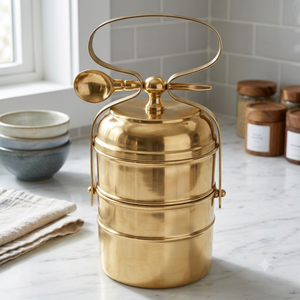 Brass <b>Tiffin</b> <b>Box</b> 2 Tier Stackable Food Carrier With Locking Handle And Spoon Luxury Metal Lunch <b>Box</b> Wholesale Manufacturer - Product Image 4