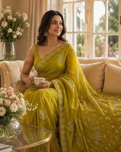 Sari en organza vert olive élégant, brodé, pour mariage indien, en soie, pour femmes, tenue de fête pakistanaise, sari de mariée, vente en gros - Product Image 3