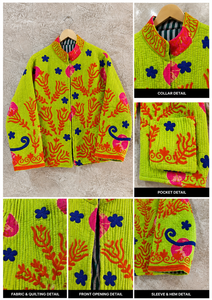 Wholesale Boho Lime Green <b>Quilted</b> Jacket Women Embroidery Floral Cotton Coat Ethnic Mandarin Collar Winter Short Outerwear - Product Image 6