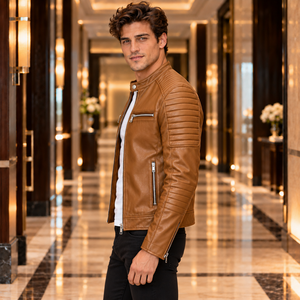 Veste en cuir véritable pour homme, style motard, avec manches rembourrées, fermeture éclair asymétrique, ceinture à la taille, vêtement d'extérieur de luxe pour l'hiver - Product Image 4