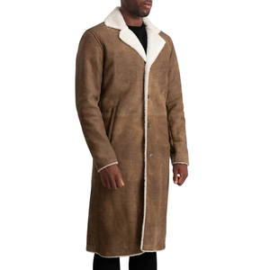 Manteau en cuir véritable marron pour homme, longueur genou, col à revers cranté, simple boutonnage, doublure en fourrure - Product Image 3