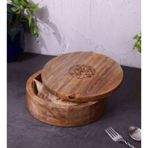 Deluxe Quality Mango Wood Tortilla Warmer and Roti Box with Floral Engraved <b>Lid</b> Chapati Storage Container for Modern Kitchen - Product Image 1