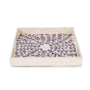 Plateau de service artisanal en nacre incrustée, motif feuille violette de luxe, mosaïque d'os MOP, plateau décoratif en gros à vendre - Product Image 1