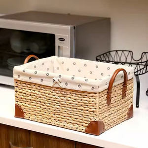 <b>Rectangular</b> storage <b>basket</b> woven from water hyacinth, fruit and food tray with fabric lining, leather-covered bottom. - Product Image 4