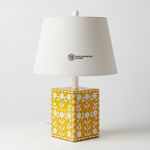 Yellow Bone Inlay <b>Bedside</b> Lamp | Elegant Round Base <b>Table</b> Lamp with Neutral Shade - Product Image 6