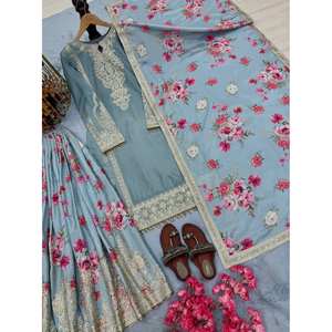 Conjunto de Fiesta para Mujer de Diseñador, Top de Seda Chinon, Palazzo y Dupatta con un Elegante Look - Product Image 3