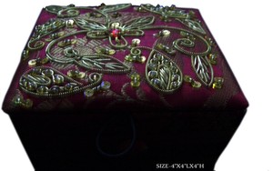 Handmade Eco-Friendly Textile Square Jewelry Box Pink Velvet Lining White Beaded Necklace Display Designer Brass Inlay Home - Product Image 4