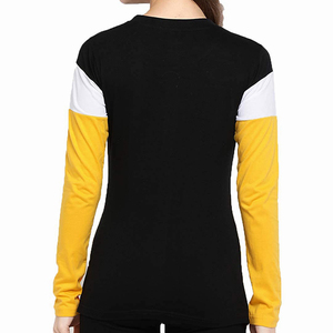 Women's Crew Neck <b>Long</b> <b>Sleeve</b> Color Block T-Shirt Regular Fit Casual Knitted Polyester Cotton <b>Top</b> Yellow <b>Black</b> White T-Shirt - Product Image 2