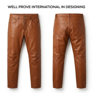Custom Logo <b>Men's</b> Genuine Leather Pants 650 GSM Lightweight <b>Black</b> <b>Real</b> Hide Knee Panel Trousers Embossed Rivet Biker High Waist - Product Image 5