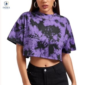 INDEX APPAREL Women's Purple Tie Dye Crop <b>Top</b> Crew Neck Short Sleeve Loose Fit Casual T-Shirt Spring Summer Wear - Product Image 1