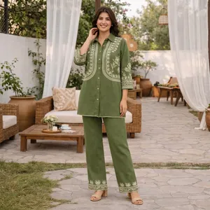 Ensemble en coton brodé vert pour femmes, manches trois quarts, coupe ample, pantalon long, tenue décontractée printemps-été - Product Image 6