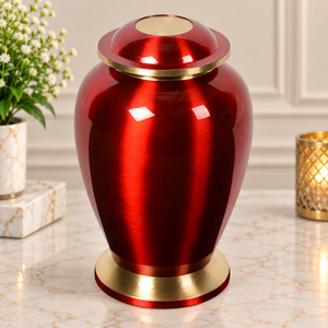Urne rouge vif audacieuse avec couvercle en forme de dôme, finition rouge métallique, bordure dorée, récipient commémoratif pour cendres, objet de culte - Product Image 1