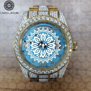 Montre de luxe pour homme Charm Jewells en acier inoxydable 40 mm, cadran bleu mandala, incrustée de diamants, analogique mécanique, étanche 10 bars - Product Image 4