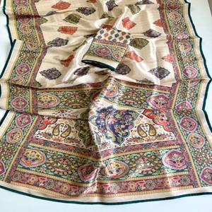 Sari en soie pure VASTRA COTTAGE Pure Softy avec tissage Zari sur toute la surface, imprimé numérique style pashmina, avec pièce de blouse - Product Image 4