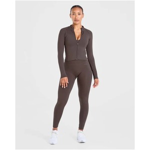 <b>Women</b> High Waist Long Sleeve Zipper Sports <b>Set</b> Full Length Leggings Quick Dry Gym Wear Solid Color Stretch Fit - Product Image 3
