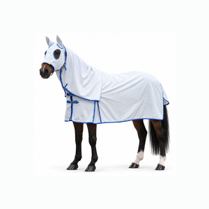 Couverture de cheval à capuche intégrale carrée en Ripstop avec ouvertures pour les yeux |   Couverture pour cheval blanche avec bordure bleue et sangles de poitrail réglables - Product Image 1