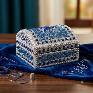 Handcrafted Silver Beaded Jewellery <b>Box</b> Blue Embellished Jewelry Organizer Decorative <b>Trinket</b> Storage Gift <b>Box</b> - Product Image 1