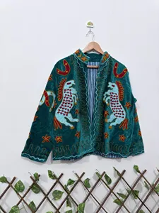 Ethnic Turquoise <b>Velvet</b> Embroidered Suzani <b>Jacket</b> with Animal Print Full Sleeve Stand Collar Handmade Bohemian Autumn Coat - Product Image 4