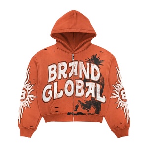 Y2K <b>Aesthetic</b> Distressed Fleece Customized Color Embroidered Zipper-Up Heavyweight Oversized Acid Wash Hip Hop Rhinestone USA - Product Image 4
