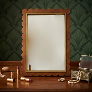 Scalloped Wooden Framed <b>Mirror</b> Mid Century Modern <b>Wall</b> Decor <b>Rectangle</b> Shape Home Use - Product Image 3