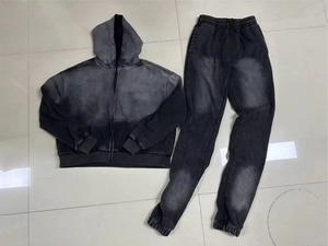 Conjunto de chándal de dos piezas con cremallera, bordado y lavado ácido personalizado, sudadera con capucha y pantalones de chándal de peso pesado, precio al por mayor - Product Image 2