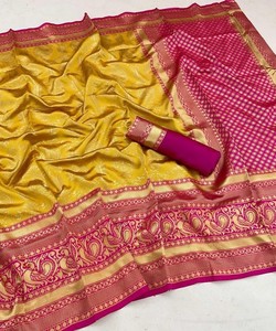 NUEVO SAREE DE SEDA LICHI CON RICHO TRABAJO DE JACQUARD Y BLOUSE SIN COSTURAR 85031 AMARILLO Sarees indios para mujer - Product Image 4