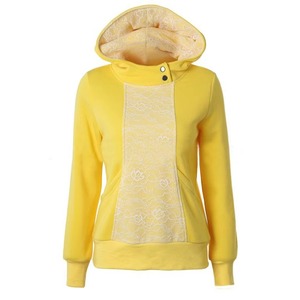 Sweat-shirt personnalisé pour femme en molleton de coton avec capuche en dentelle jaune à motif floral, col cheminée boutonné, vente en gros OEM - Product Image 1