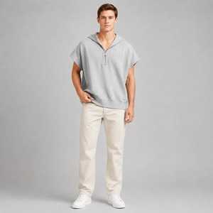 Mens Hooded <b>Poncho</b> Shirt Quarter Zip Oversized Short Sleeve Pullover Casual Streetwear Top - Product Image 5