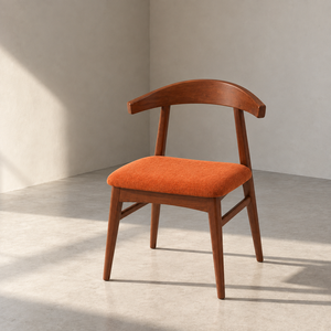 Silla de Comedor de Madera Duradera y Ecológica de Estilo Moderno de Mediados de Siglo, Asiento Tapizado en Tela Naranja, Alta Calidad, Indonesia, para Hogar y Hotel - Product Image 1