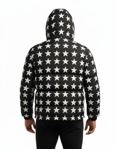 Blouson matelassé à capuche imprimé étoiles pour homme, chaud et tendance, style streetwear, vente en gros, noir - Product Image 2