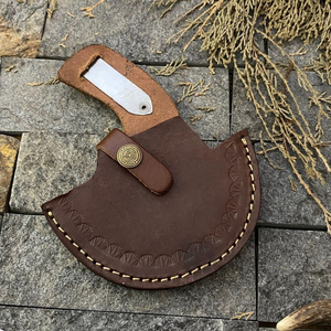 Custom Handmade Hand-Forged High Carbon Steel Viking Pizza Cutter Axe Wood Handle Leather Sheath | Premium Ulu Pizza Cutter - Product Image 3
